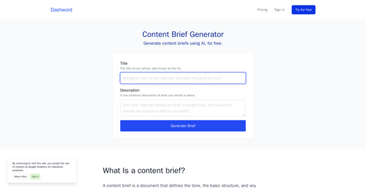 Content brief generator - Generación de resumen de contenido por Yeswelab.com